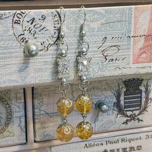 Handcrafted Yellow Citrine Gemstone Lacy Silver Clear Crystal Dangle Earrings